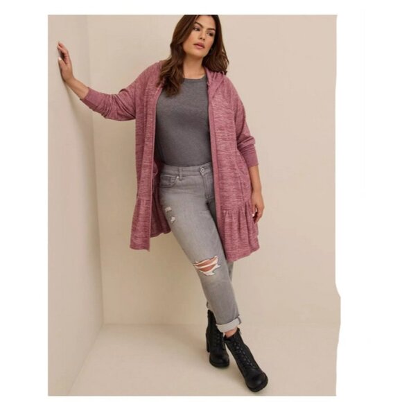 Torrid 3X Super Soft Plush Duster Ruffle Hem Knit Open Cardigan Sweatshirt Hood - Picture 1 of 8